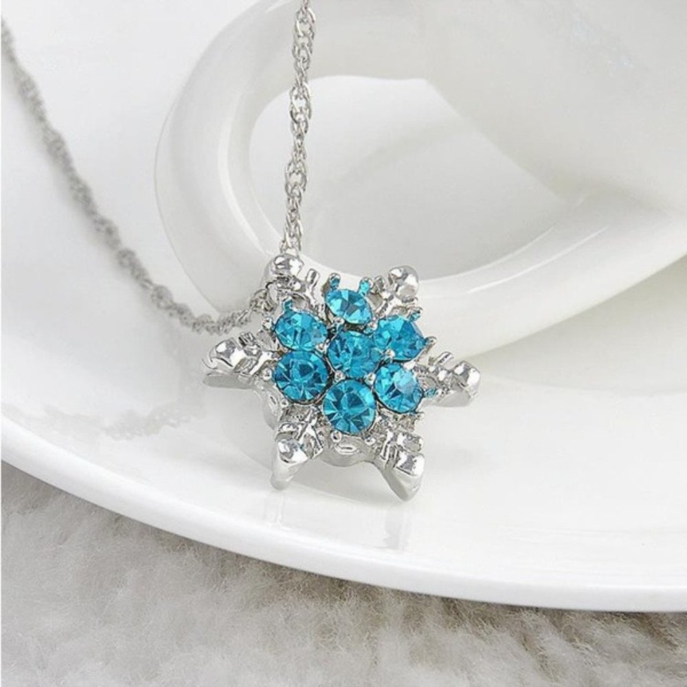 Bright Blue Frozen Snowflake Necklace